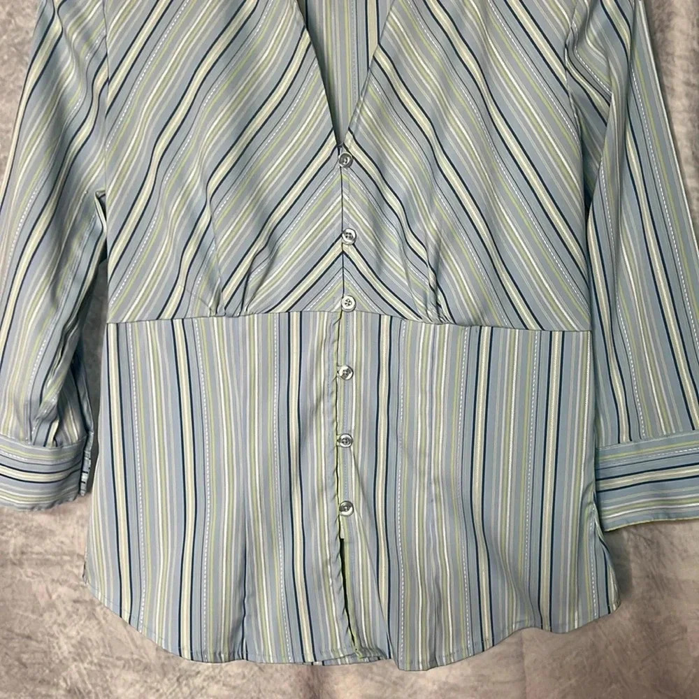 DCC Missy Green, Blue, Sage and White Striped Button Down 3/4 Sleeve Blouse - Picture 8 of 10
